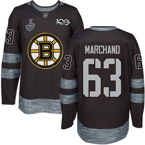 #63 Brad Marchand Black 1917-2017 100th Anniversary 2019 Stanley Cup Final Bound Stitched Hockey Jersey