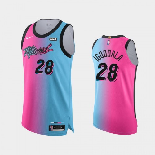 Men Miami Heat Andre Iguodala #28 2020-21 Viceversa Authentic City Edition Blue Pink Jersey