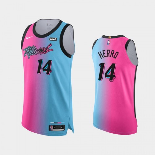 Men Miami Heat Tyler Herro #14 2020-21 Viceversa Authentic City Edition Blue Pink Jersey