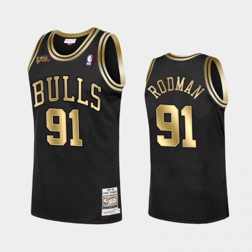 Bulls #91 Dennis Rodman 1998 Finals Champs Golden Limited Black Jersey
