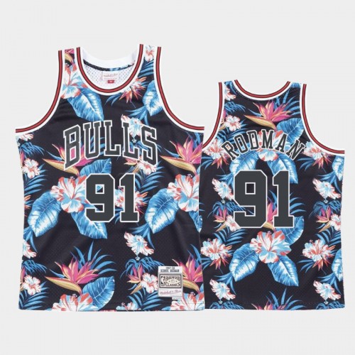 Men's Bulls #91 Dennis Rodman Floral Fashion Black Jersey