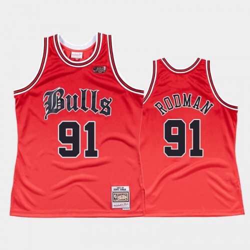 Bulls #91 Dennis Rodman 1997-98 Old English Faded Red Jersey