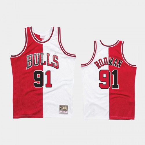 Bulls #91 Dennis Rodman 1997-98 Split Two-Tone White Red Jersey