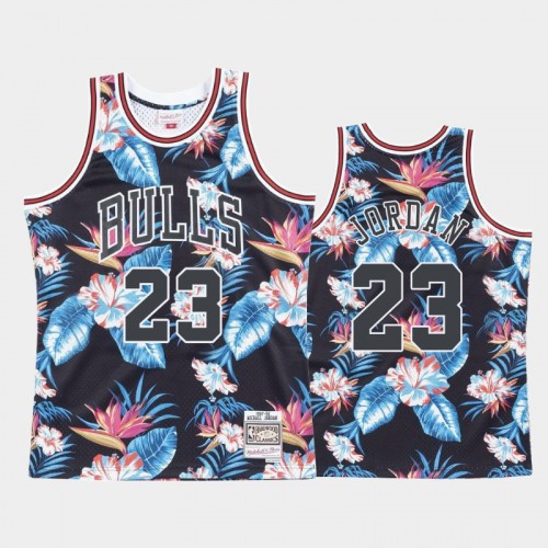 Men's Bulls #23 Michael Jordan Floral Fashion Black Jersey
