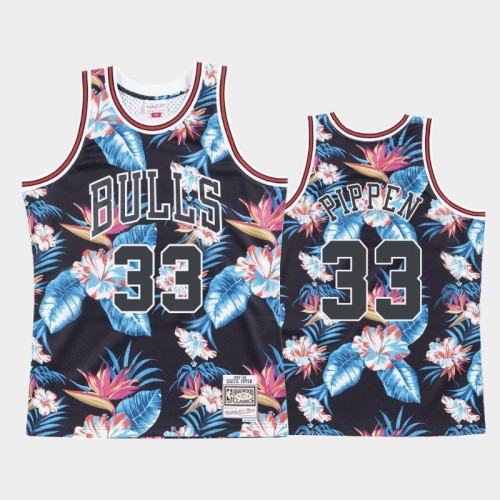 Men's Bulls #33 Scottie Pippen Floral Fashion Black Jersey