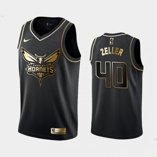 Men's Charlotte Hornets #40 Cody Zeller Black Golden Logo Jersey
