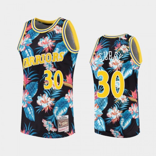 Men's Golden State Warriors #30 Stephen Curry Floral Fashion Hardwood Classics Black Jersey