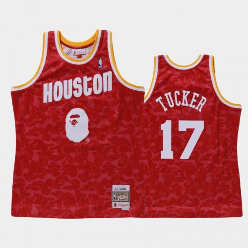 Men's Houston Rockets #17 P.J. Tucker Red BAPE X Mitchell Classic Jersey