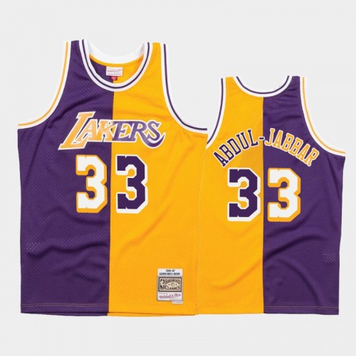 Lakers #33 Kareem Abdul-Jabbar Split Hardwood Classics Purple Gold Jersey