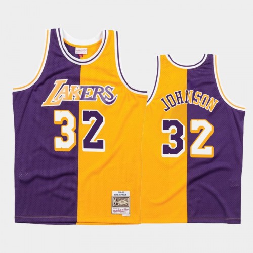 Lakers #32 Magic Johnson Split Hardwood Classics Purple Gold Jersey