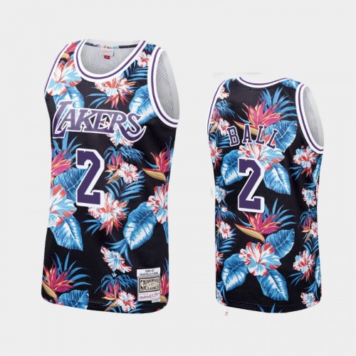 Men's Los Angeles Lakers #2 Lonzo Ball Floral Fashion Hardwood Classics Black Jersey