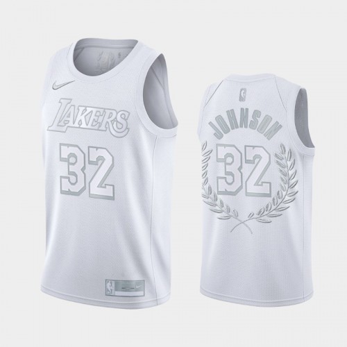 Men's Los Angeles Lakers #32 Magic Johnson White Platinum Edition Glory Retired Jersey