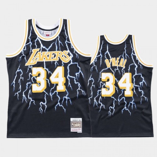 Men's Los Angeles Lakers #34 Shaquille O'Neal Black Lightning Hardwood Classics Jersey