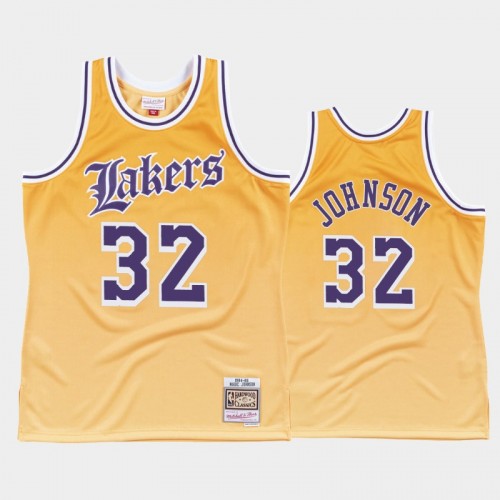 Los Angeles Lakers #32 Magic Johnson Yellow Old English Faded Jersey