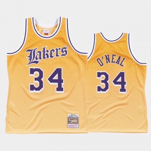 Los Angeles Lakers #34 Shaquille O'Neal Yellow Old English Faded Jersey