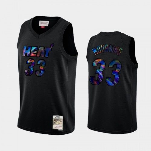 Miami Heat #33 Alonzo Mourning Black Iridescent Logo Holographic Hardwood Classics Jersey