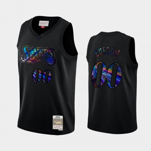 Philadelphia 76ers #00 Custom Black Iridescent Logo Holographic Hardwood Classics Jersey