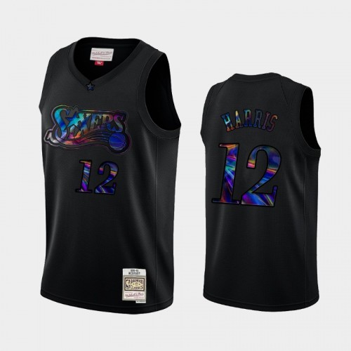 Philadelphia 76ers #12 Tobias Harris Black Iridescent Logo Holographic Hardwood Classics Jersey