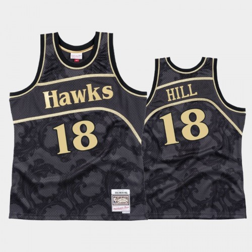 Men Atlanta Hawks #18 Solomon Hill Black Black Toile Hardwood Classics Jersey