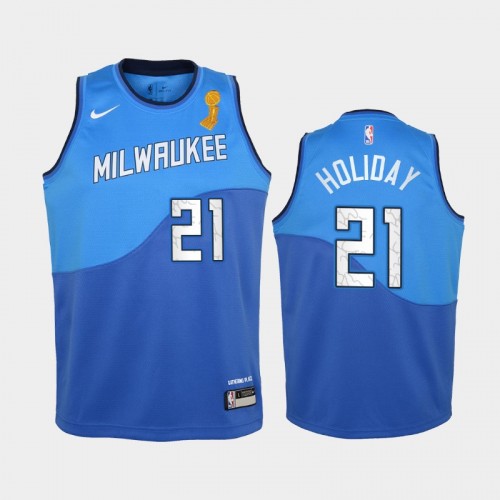 Milwaukee Bucks #21 Jrue Holiday 2021 NBA Finals Champions Blue City Edition Jersey