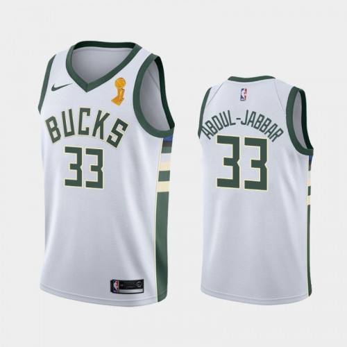 Milwaukee Bucks #33 Kareem Abdul-Jabbar 2021 NBA Finals Champions White Jersey