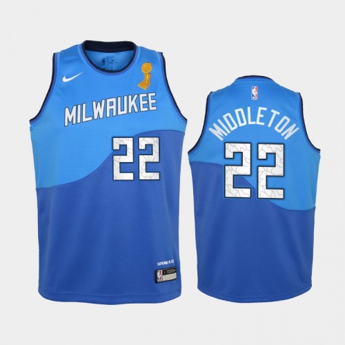 Milwaukee Bucks #22 Khris Middleton 2021 NBA Finals Champions Blue City Edition Jersey