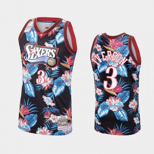 Men's Philadelphia 76ers #3 Allen Iverson Floral Fashion Hardwood Classics Black Jersey