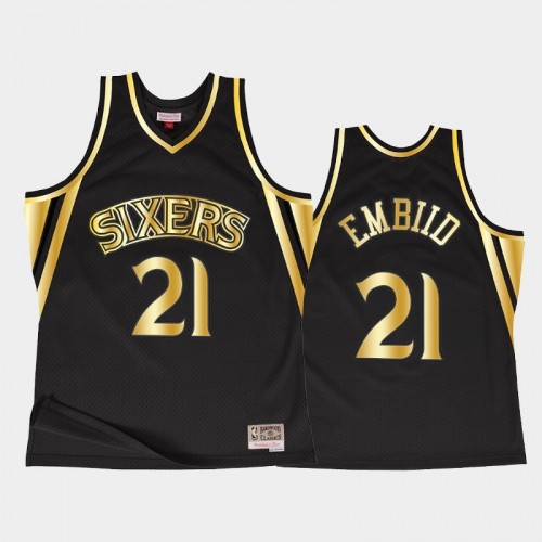 Men Philadelphia 76ers #21 Joel Embiid Throwback 90s Golden Collection Black Jersey