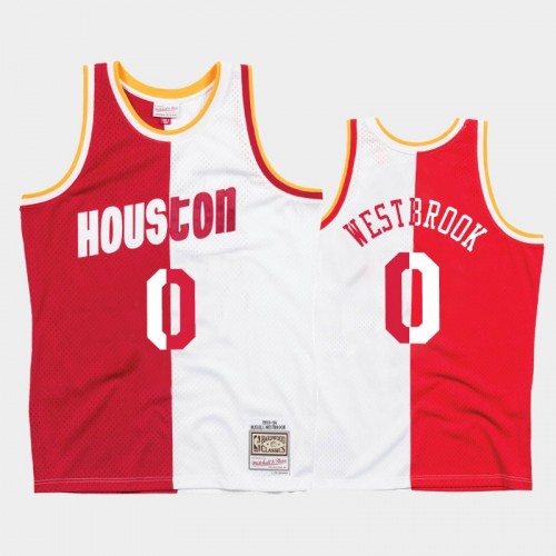 Rockets #0 Russell Westbrook Split Hardwood Classics White Red Jersey